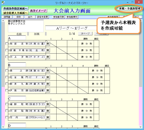 リーグ＆トーナメントマネージャー、画面