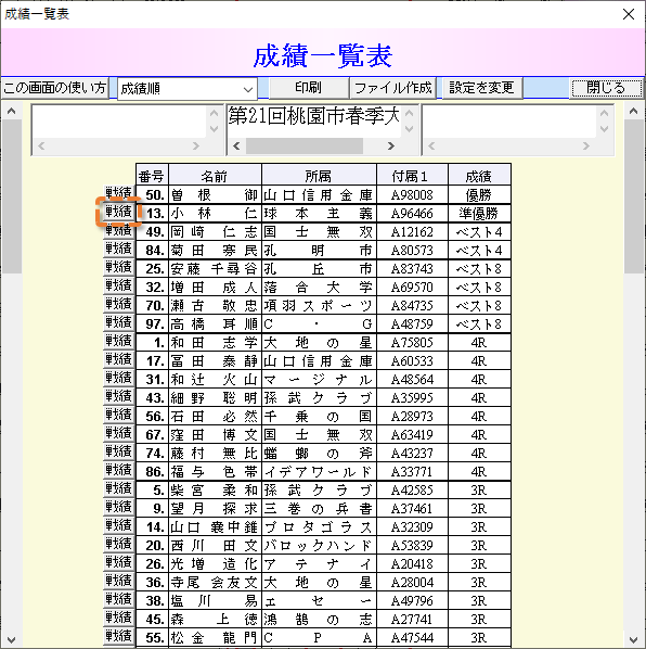 成績一覧表画面