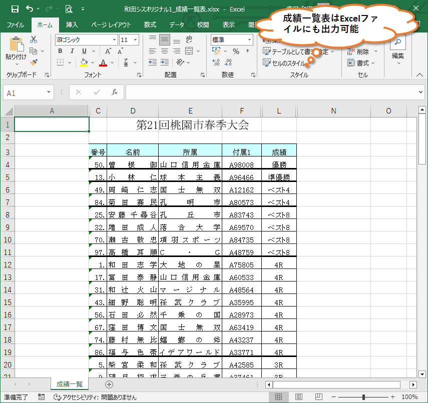 Excelファイルに出力した成績一覧表