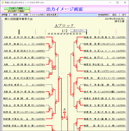 トーナメントマネージャー、画面